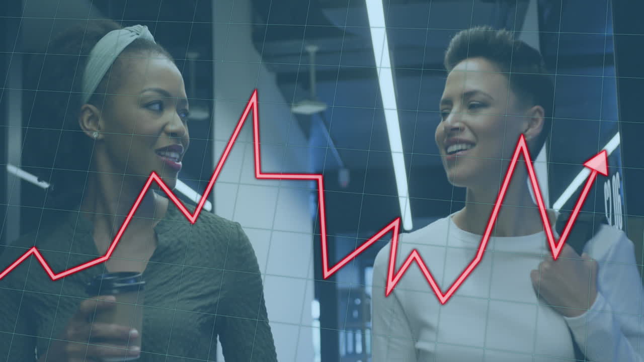 Animation of financial data processing over diverse business people discussing work at office