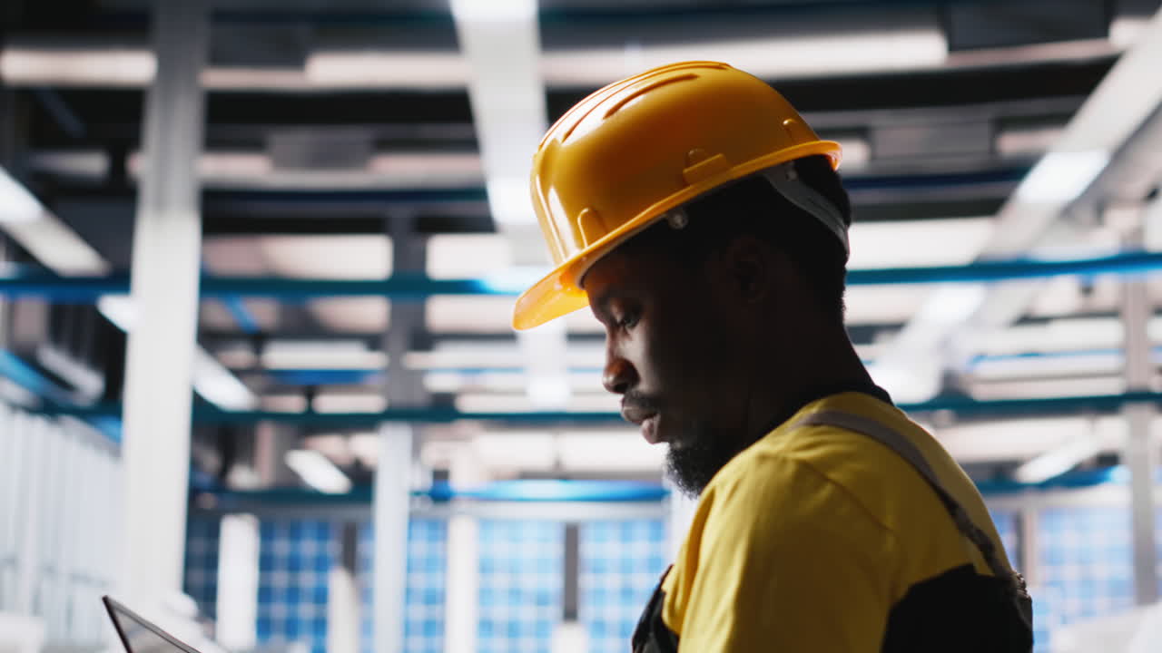 Vertical Video Engineer using laptop to monitor solar panel plant assembly lines