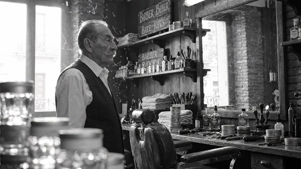 Un barbiere veterano che riflette in una classica barberia, circondato da strumenti e prodotti vintage per un'esperienza di cura della persona senza tempo