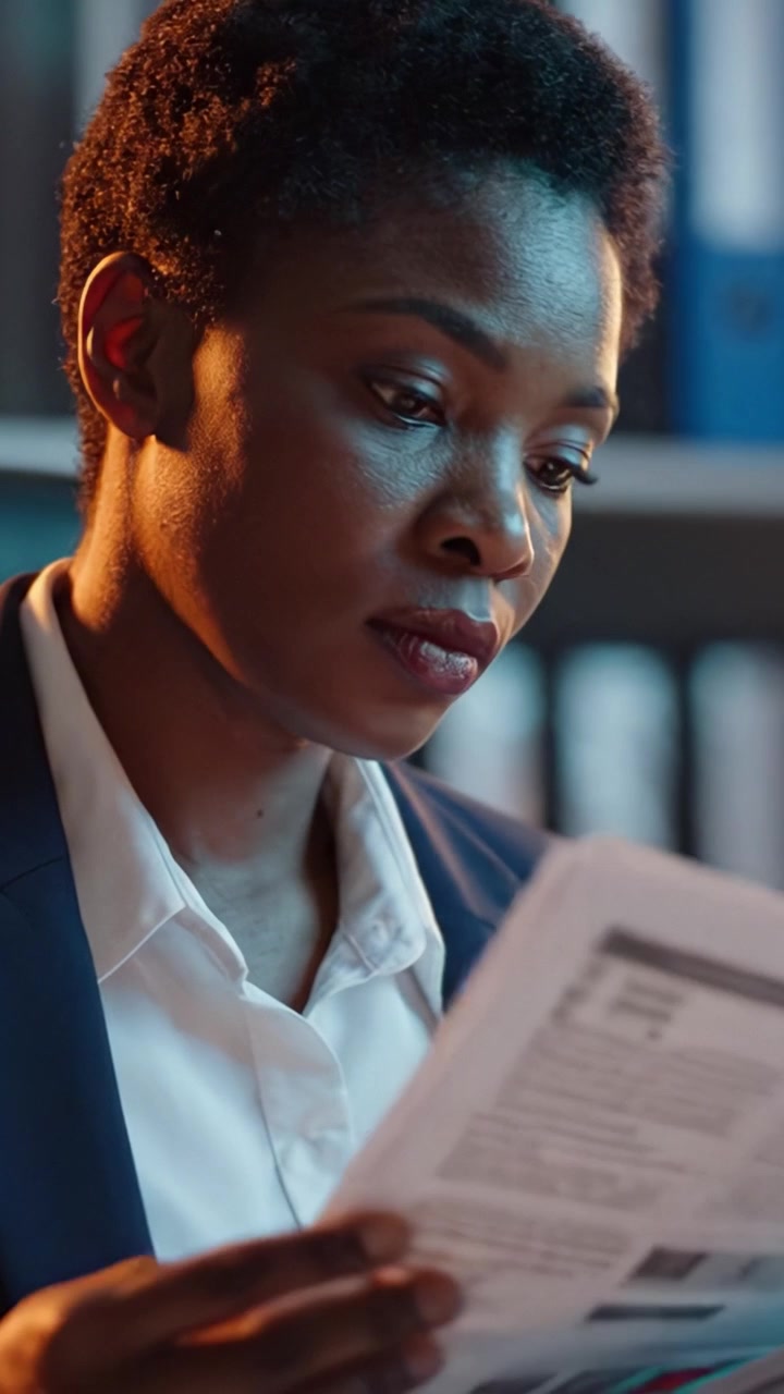 Focused Professional Analyzing Important Documents in Office Environment with Organized Files in Background Representing Diligence and Commitment to Work
