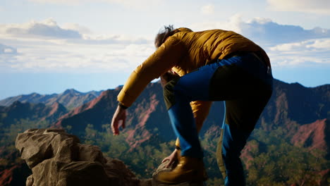 clumsy hiker tripping and falling off of a mountain peak cliff