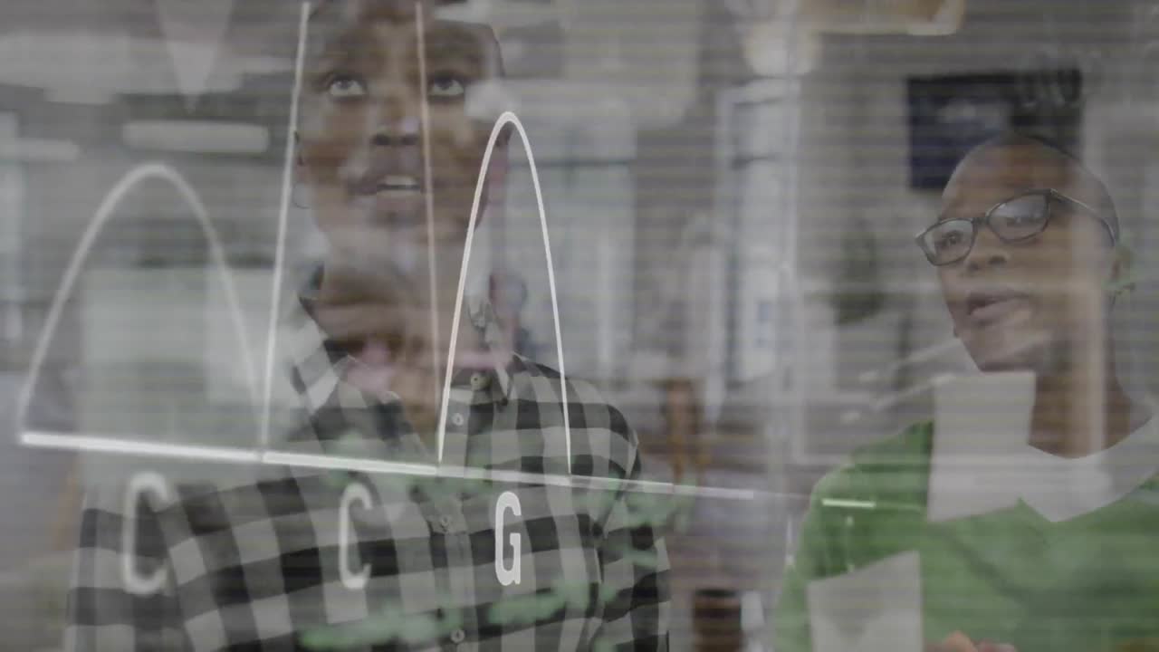 Animation of financial data processing over diverse business people in office