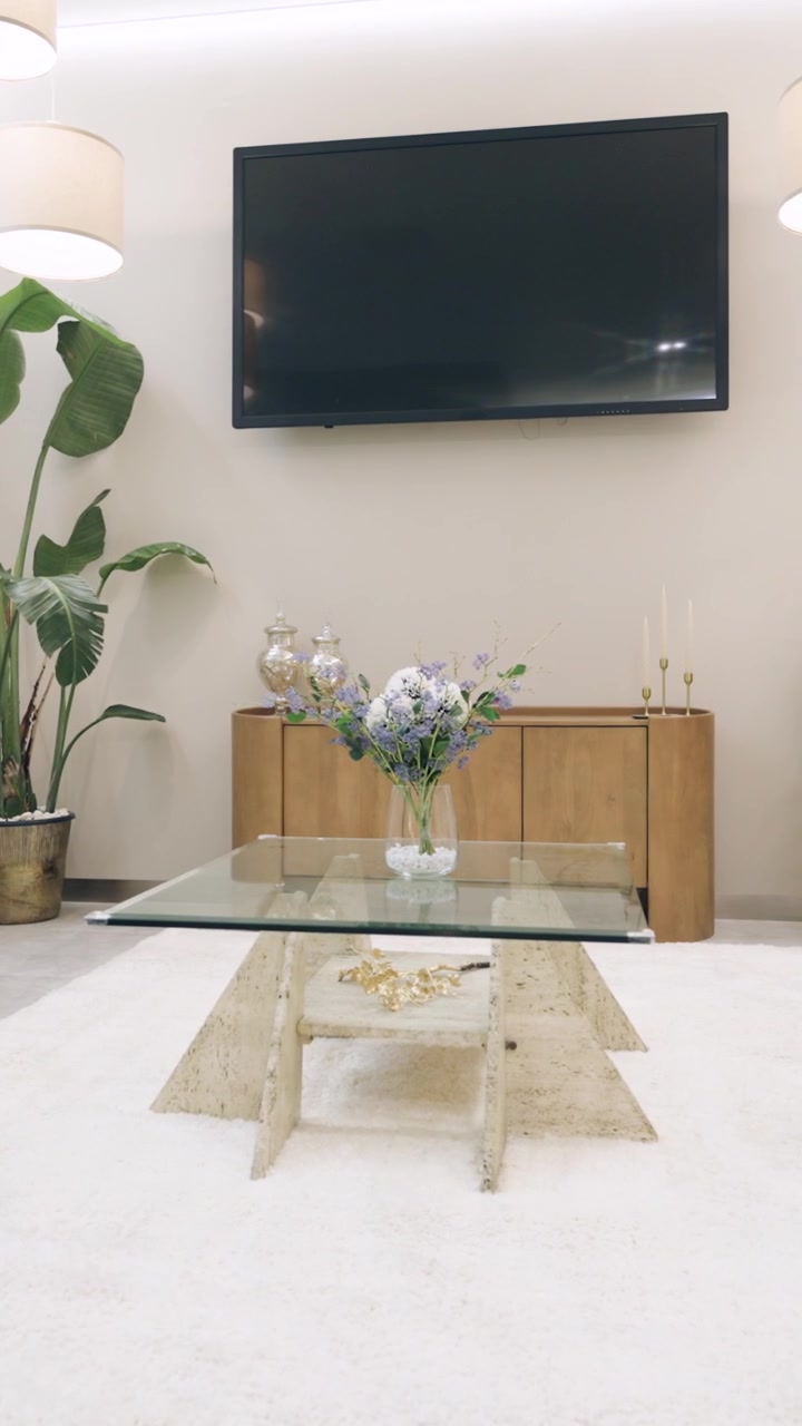 Modern Living Room Interior with Glass Coffee Table and Potted Plants