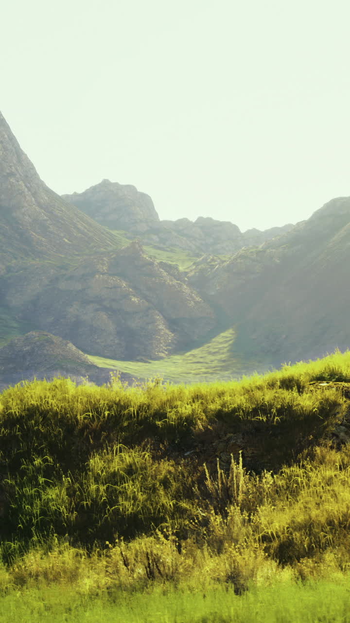 Majestic mountain landscape with lush green meadows at sunrise