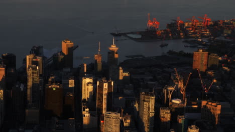Downtown-Vancouver,-During-Sunset---Aerial-view