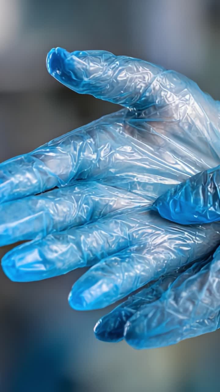 Close-Up of Blue Latex Gloves Used in Medical or Laboratory Settings, Highlighting the Texture and Flexibility of the Material for Hygiene and Safety