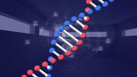 Animation-of-rotating-dna-chain-and-network-of-connections-on-dark-blue-background