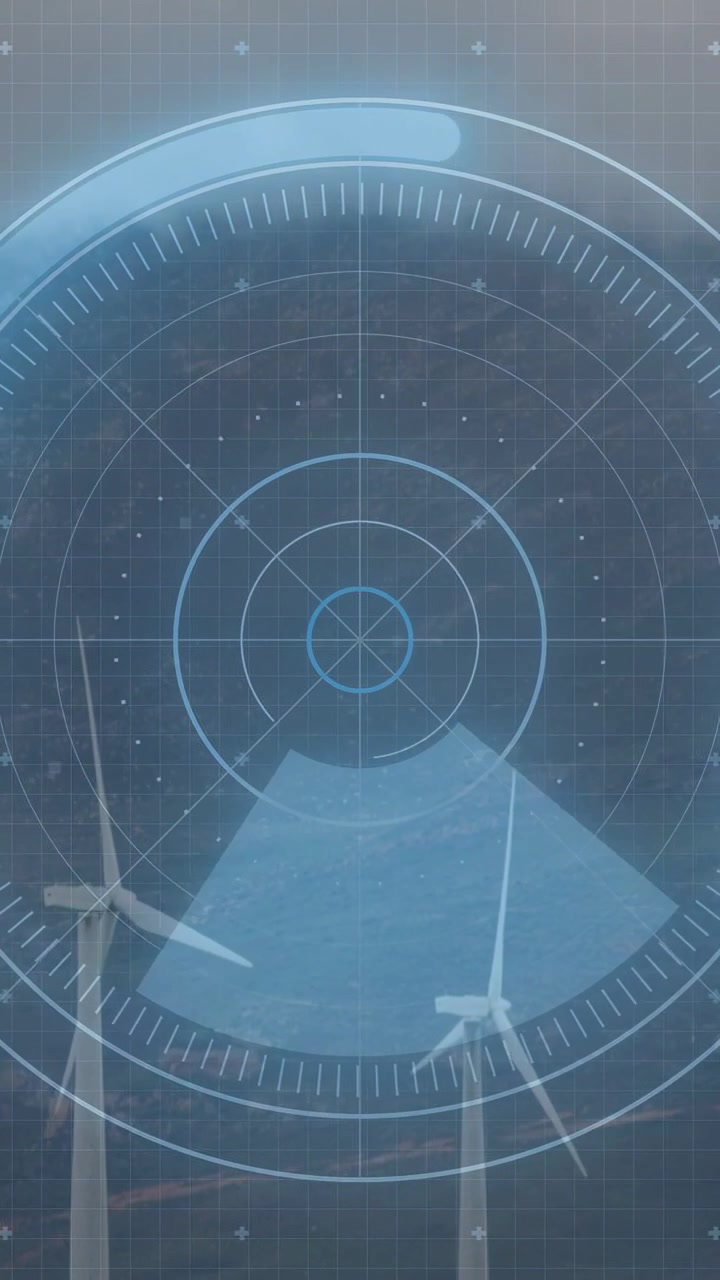 Radar che inizia una scansione dal basso a sinistra, ruotando in senso orario, illuminando le turbine eoliche e monitorando la produzione.