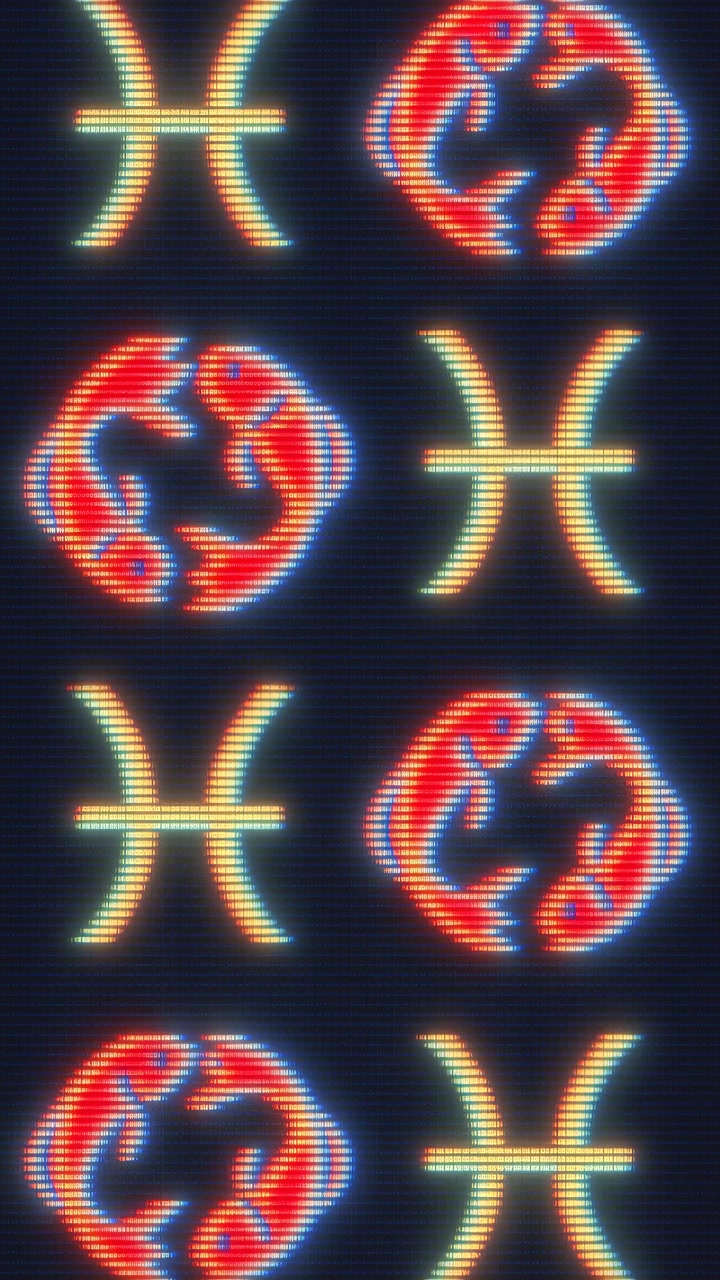 Pisces Zodiac Symbol Grid with Glitch Effect