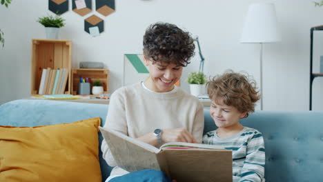 mother and son reading together