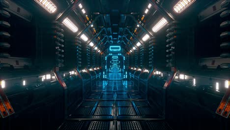volando en un túnel de una nave espacial, un corredor de transbordador de ciencia ficción. tecnología abstracta futurista. tecnología y concepto futuro. luz intermitente. animación 3d de bucle sin costuras.