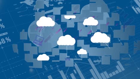 animación de nubes y formas púrpuras sobre gráficos y datos en fondo azul