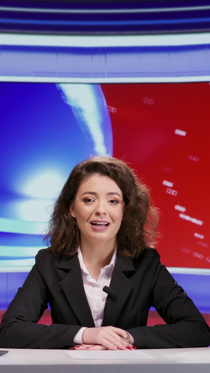 Vertical video Broadcaster presenting world news on tv