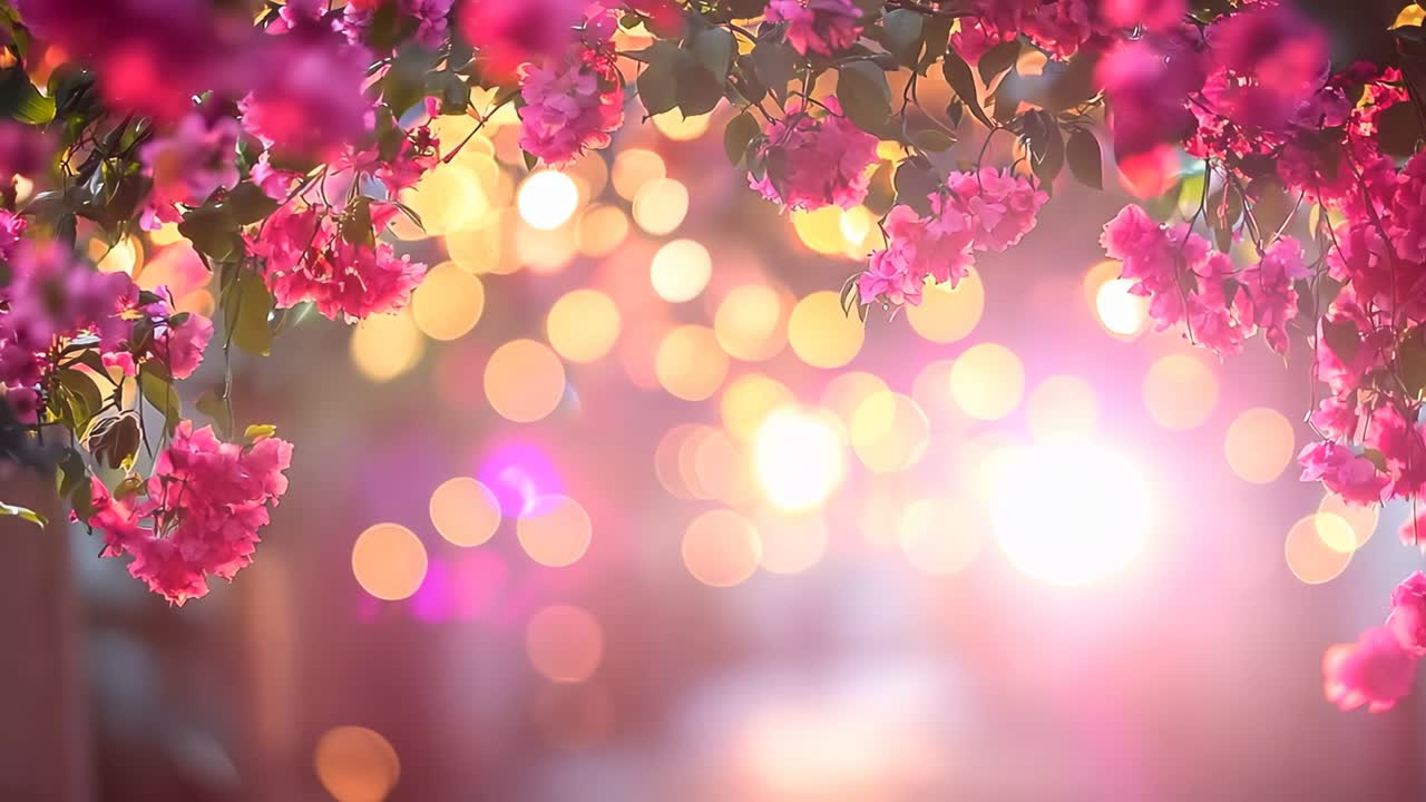 A bunch of pink flowers hanging from a tree with lights in the background