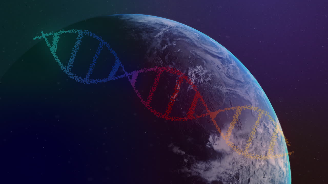 Animating DNA strand over Earth from space, scientific visualization
