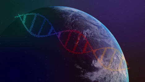 Animating-DNA-strand-over-Earth-from-space,-scientific-visualization