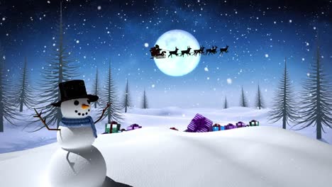 Animation-of-snow-falling-over-snowman-in-winter-landscape