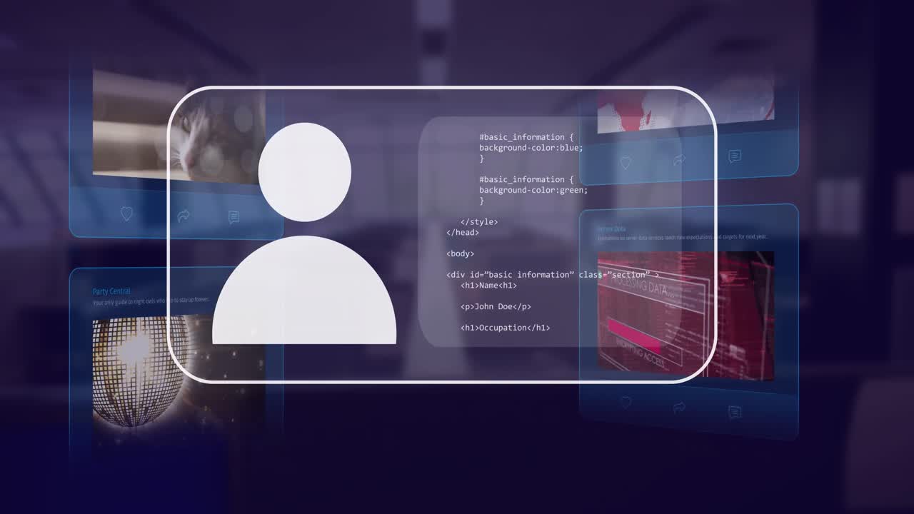 animación del procesamiento de datos sobre pantalla y fondo oscuro