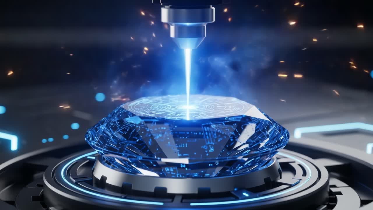 A Futuristic Laser Technology Engraving a Glowing Interface on a Sapphire-Cut Crystal Structure, Demonstrating Precision and Innovation in Manufacturing Processes