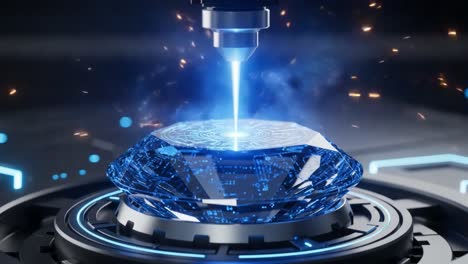 a futuristic laser technology engraving a glowing interface on a sapphire-cut crystal structure, demonstrating precision and innovation in manufacturing processes