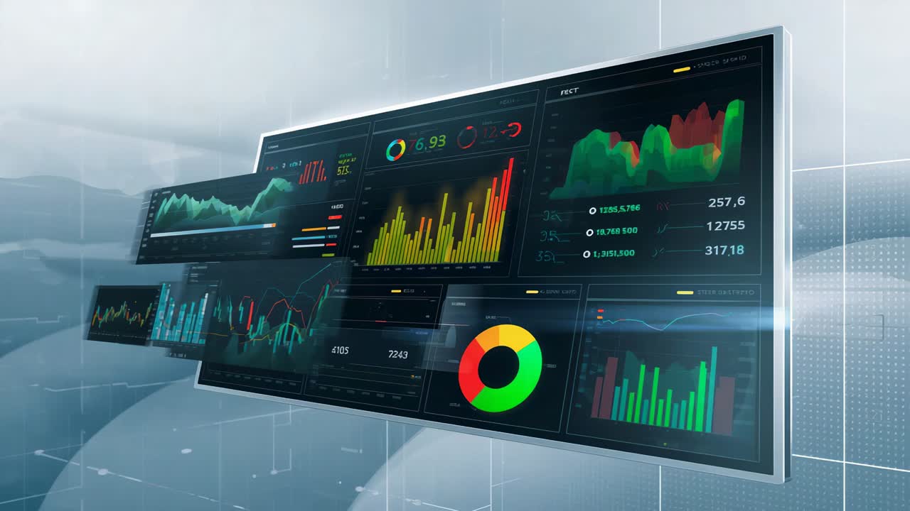 Camera panning dashboard rotating and updating bar, line, donut charts in studio showing live data