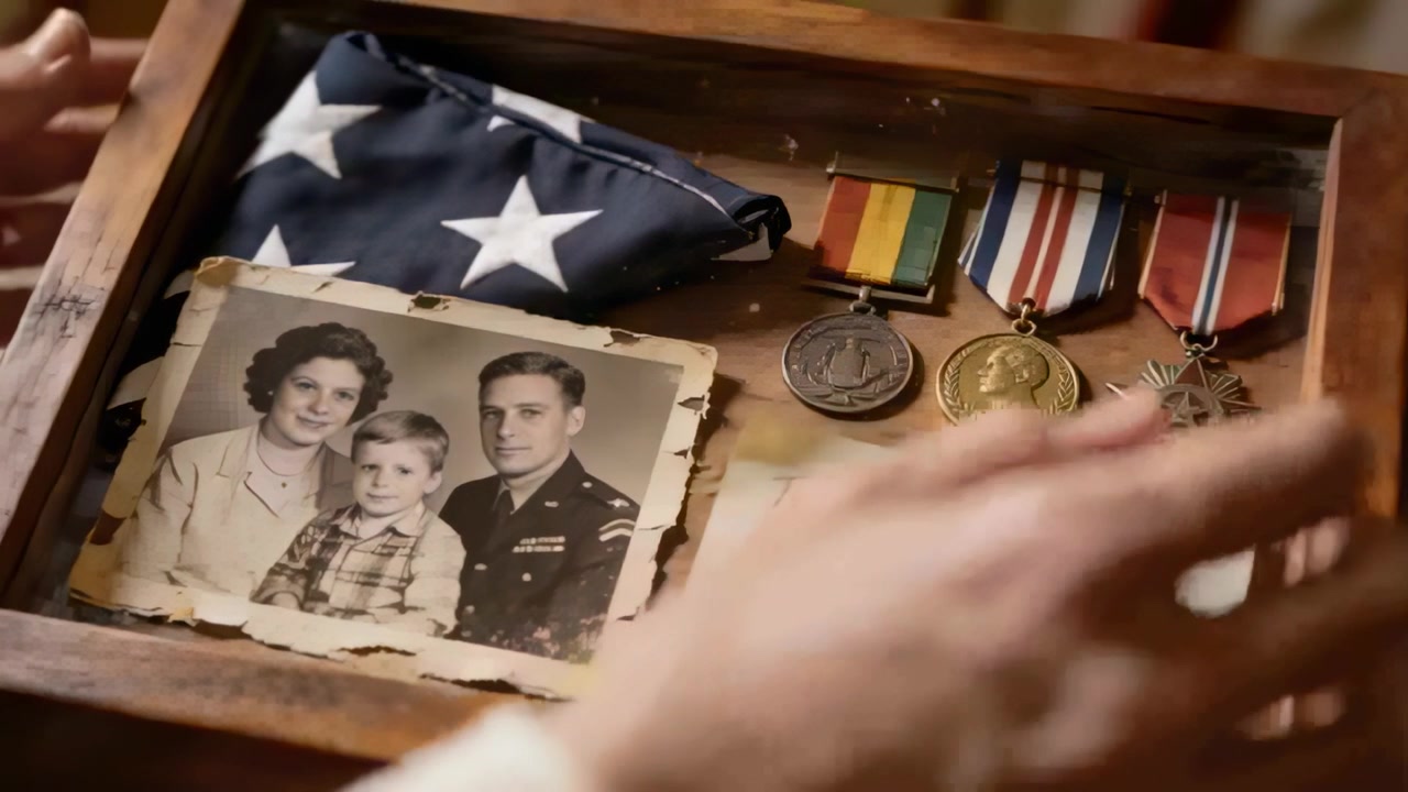 Entering hands adjusting Memorial Day note on case in den, folded US flag, uniform portrait, medals