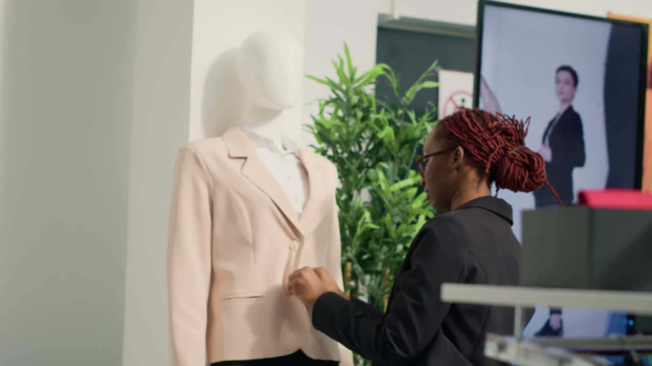 Woman arranges sale blazer on mannequin