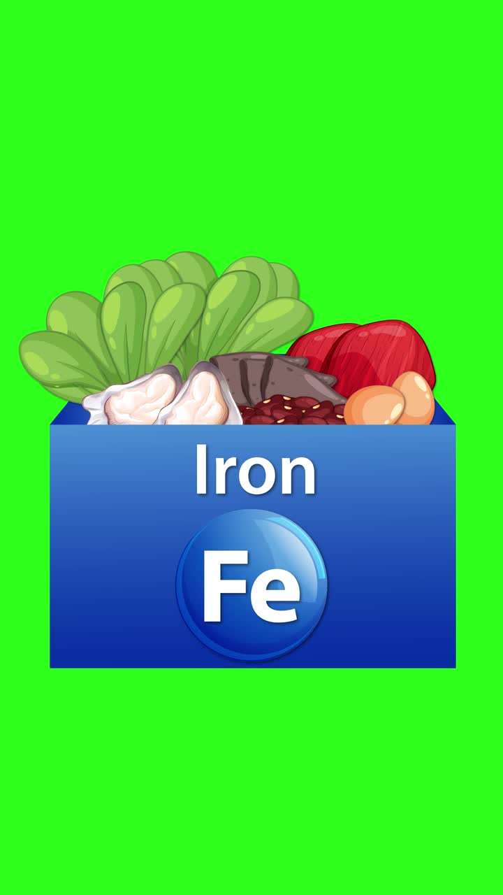 Una confezione blu di vitamine si apre e si riempie di verdure ricche di ferro su uno sfondo verde brillante.