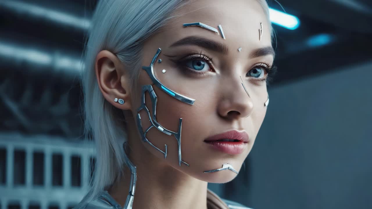 Ritratto Ravvicinato di una Donna Cibernetica Futuristica