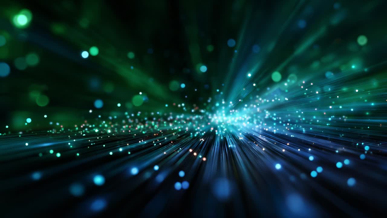Scie luminose dinamiche ed effetti particellari vivaci creano una straordinaria esperienza visiva di movimento colorato ed energia in una scena astratta sullo sfondo, che cattura lo spettatore con profondità e movimento