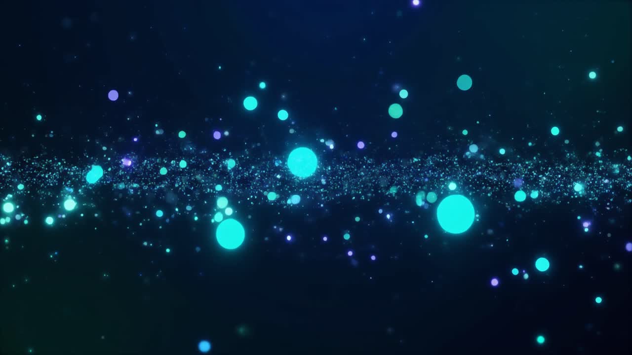 Particelle astratte blu e viola luminose che fluttuano su sfondo scuro