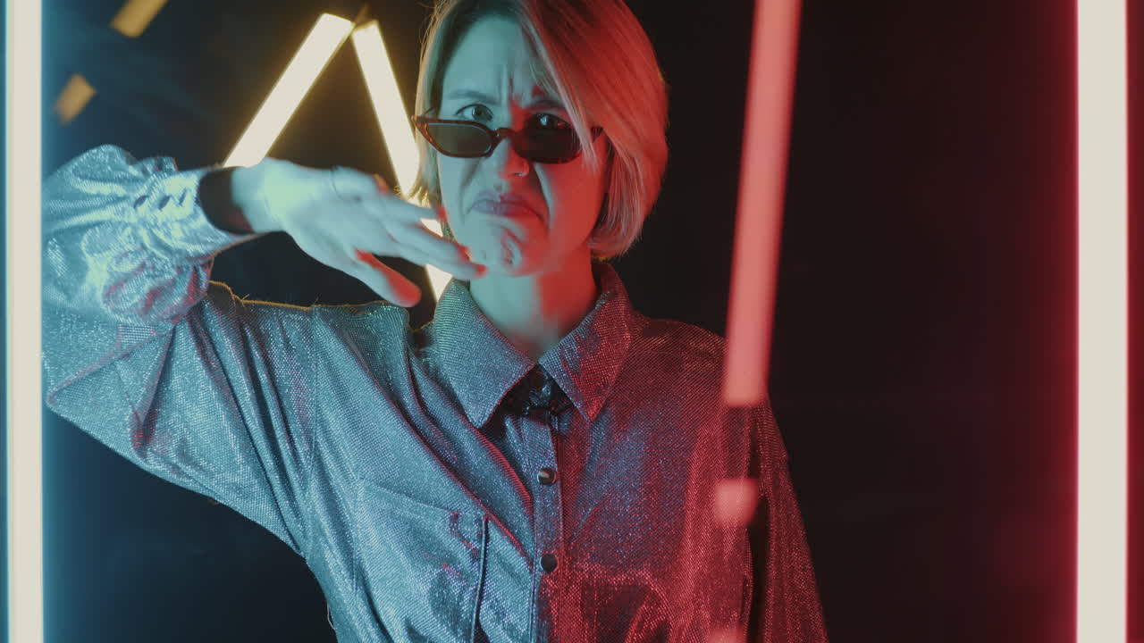 Woman in Neon Light with Disapproving Expression