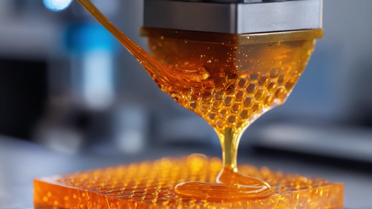 Processo innovativo di stampa in resina immortalato: una vista dettagliata di polimero liquido che scorre in uno stampo a nido d'ape per applicazioni manifatturiere avanzate.