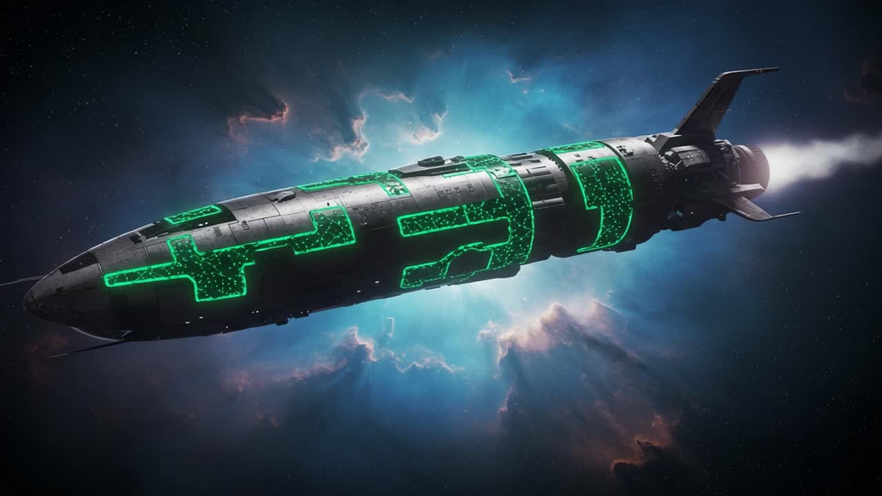 A Futuristic Spacecraft with Illuminated Green Patterns Traveling Through a Cosmic Nebula, Showcasing Cutting-Edge Design and Stellar Exploration Imagery