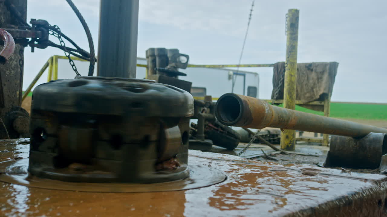 Drilling equipment for oil or gas production. Close up. Orange mud around the machines.