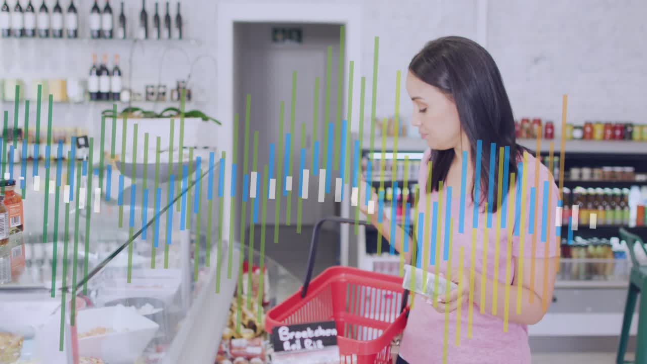Woman browsing grocery deli case selecting olives for basket with animated price tags floating