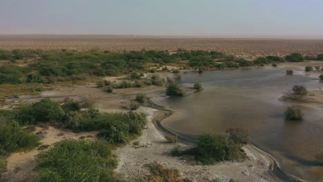 Antena-Sobre-El-Paisaje-De-Baluchistán-Con-Estanque-De-Lago-Rodeado-De-Arbustos-Verdes