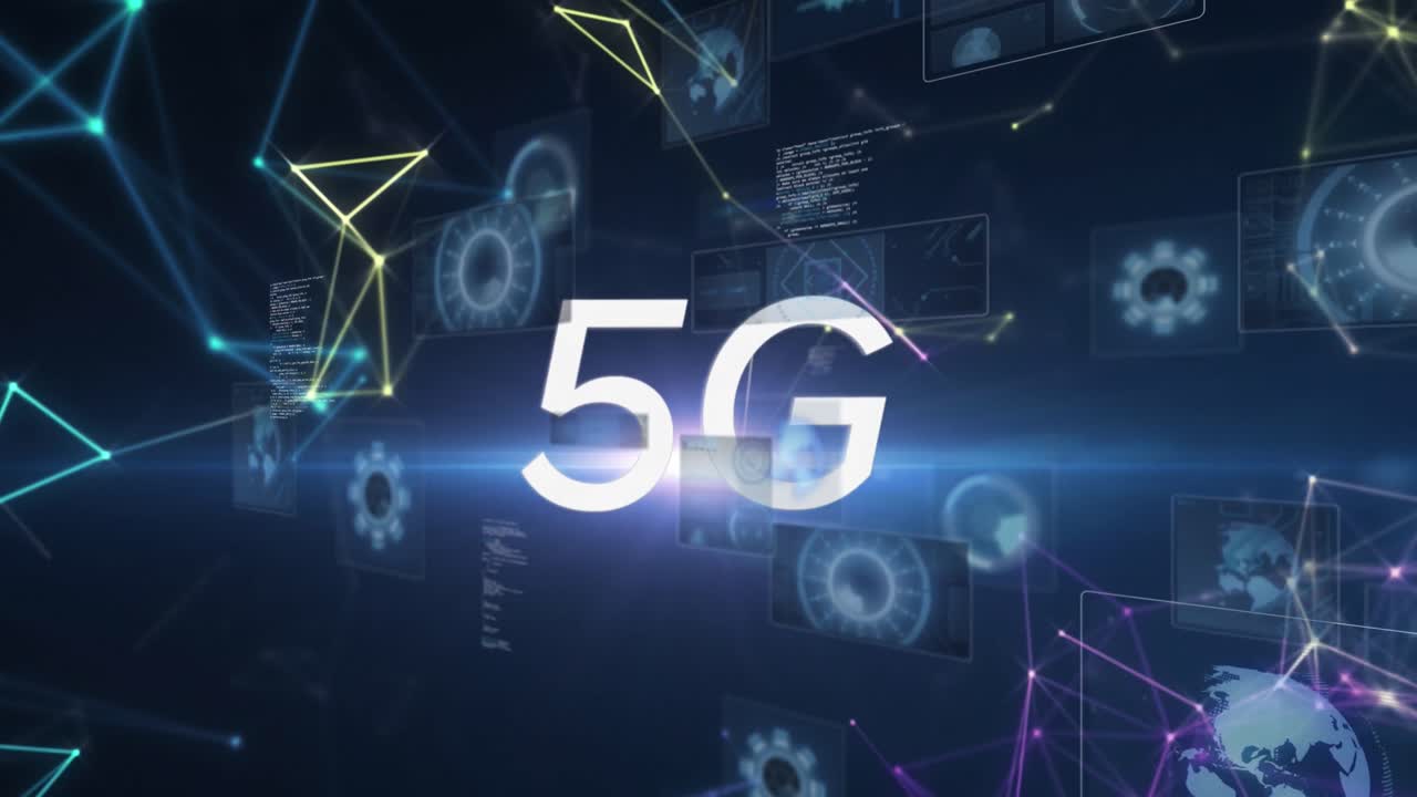 animazione di testo 5g su scansioni e elaborazione dei dati sugli schermi