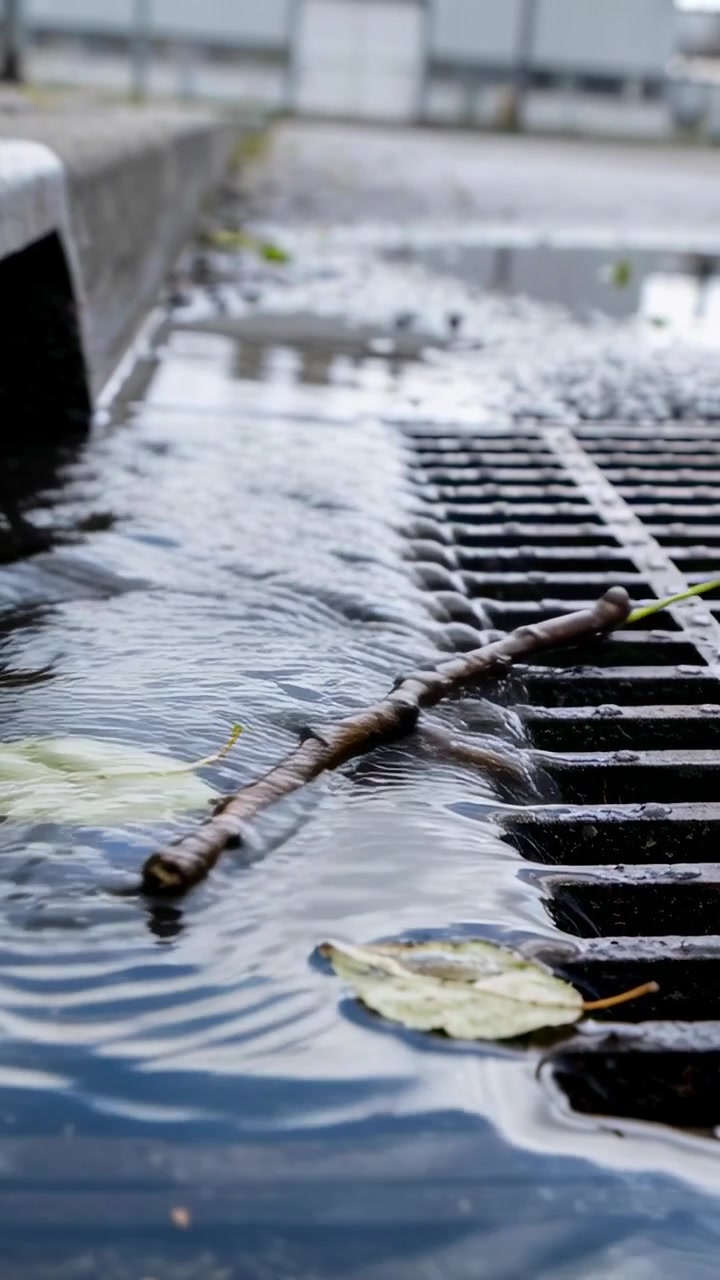 Vidéo verticale: Brindille et feuilles dérivantes glissant le long du trottoir vers une grille d'évacuation, entraînées par le ruissellement