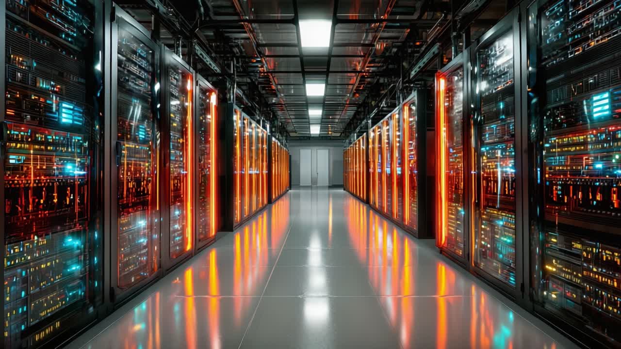 A Glimpse into the Heart of Data Storage: Exploring a Cutting-Edge Server Room with Glowing Racks and Illuminated Pathways