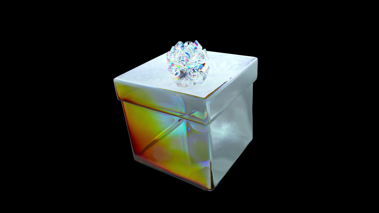 Scatola Regalo Iridescente Rotante con Fiocco di Cristallo su Sfondo Nero