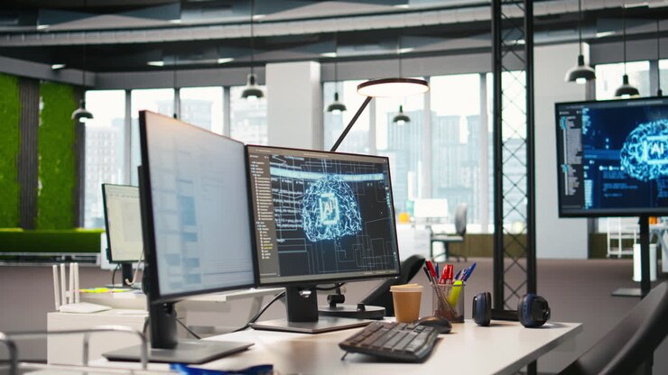 Pc Monitor On Startup Office Desk Shows Artificial Intelligence Neural Networks
