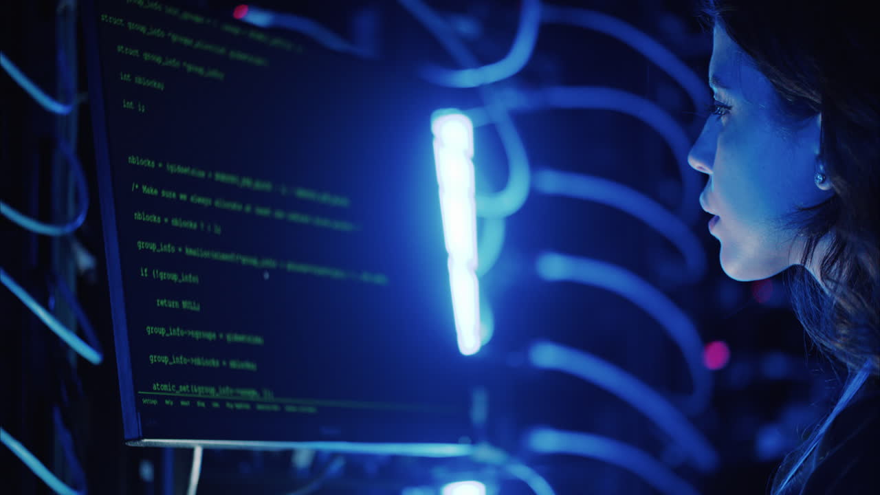 Woman programming in a server room