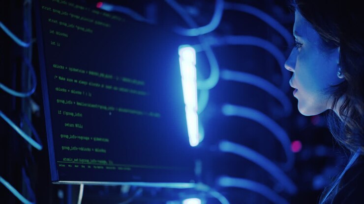 Woman programming in a server room
