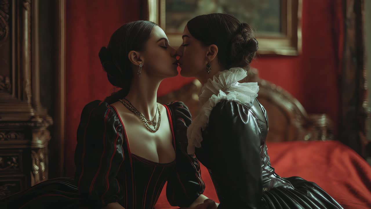 Donne eleganti in abiti vintage che condividono un momento di tenerezza