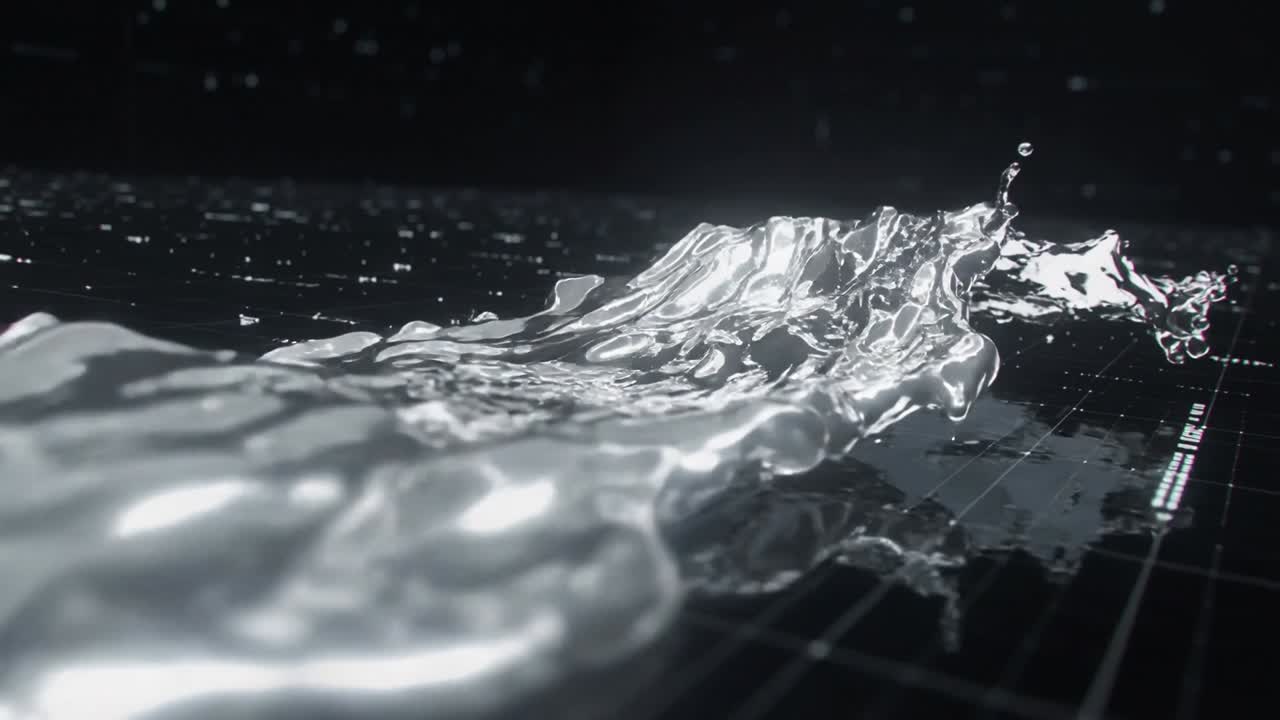 Onda di liquido metallico che scorre, partendo da un'increspatura frontale, rilasciando goccioline su una griglia scura.