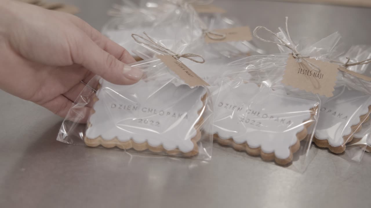 Handmade butter cookies with white icing and custom lettering wrapped in cellophane as personalized gift