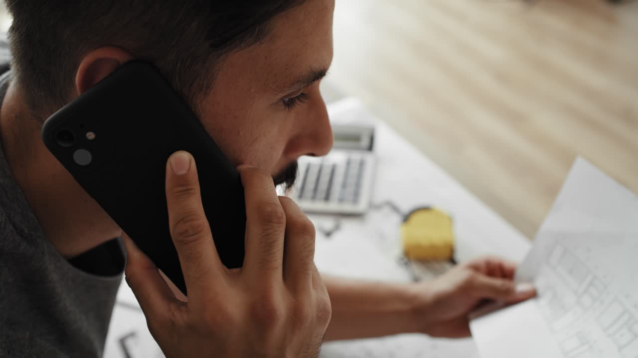 Close up video of carpenter discussing projects on the phone