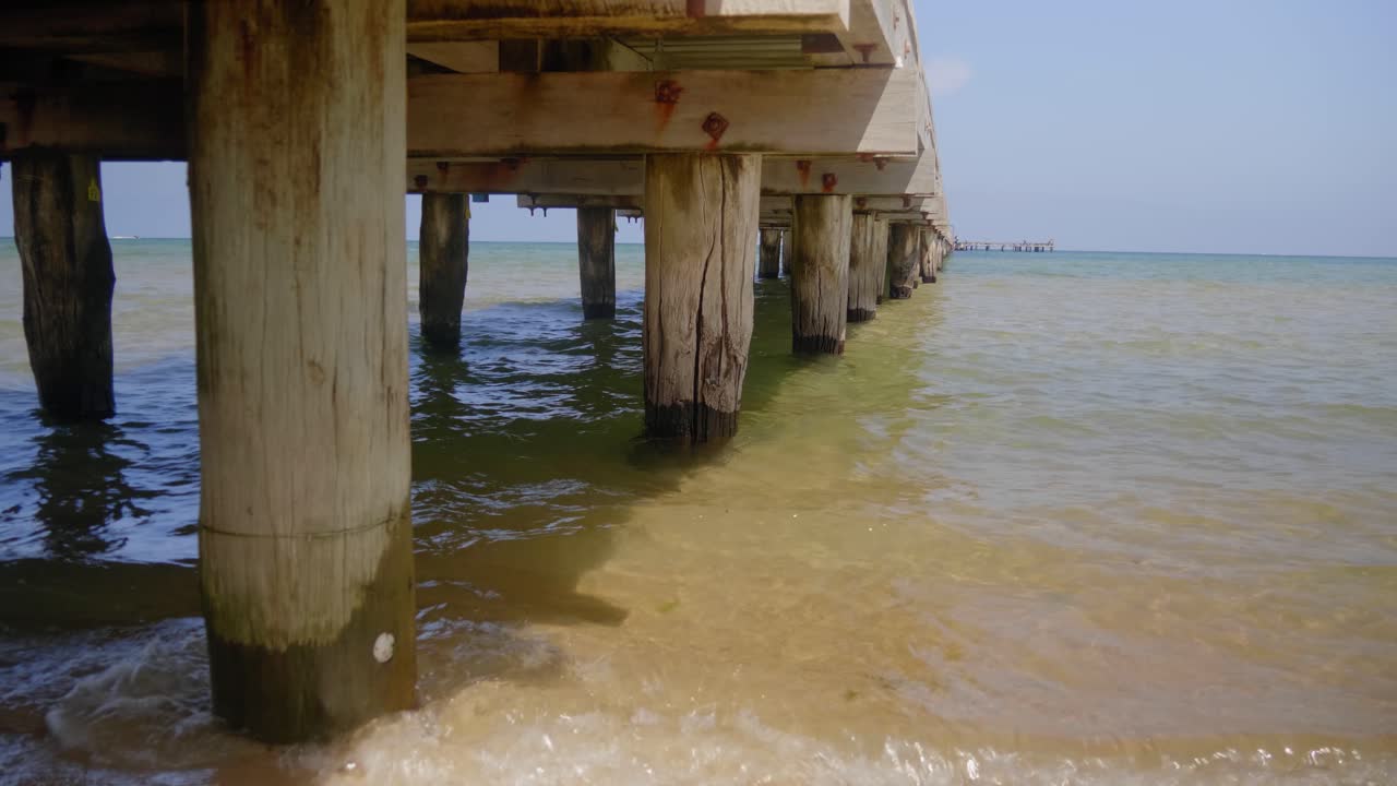 un primer plano de los pilones de madera debajo de un muelle en una tranquila bahía en australia