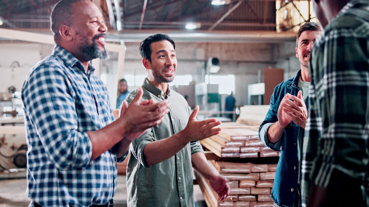 Diverse Businessmen Shaking Hands and Clapping in a Warehouse